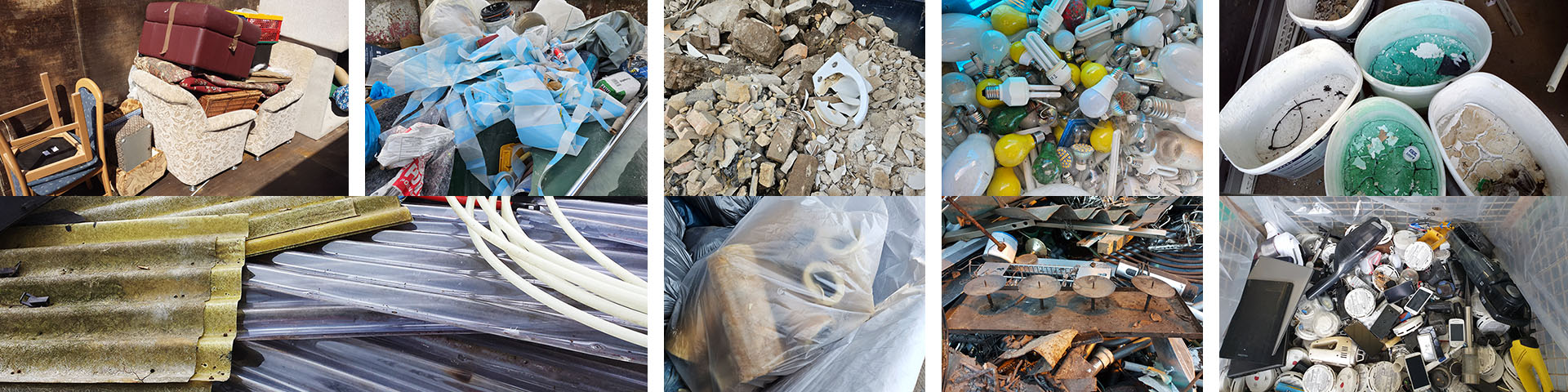Fotocollage: neun verschiedene Abfälle, unter anderem Sperrmüll, Bauschutt, Metallschrott, Farbeimer