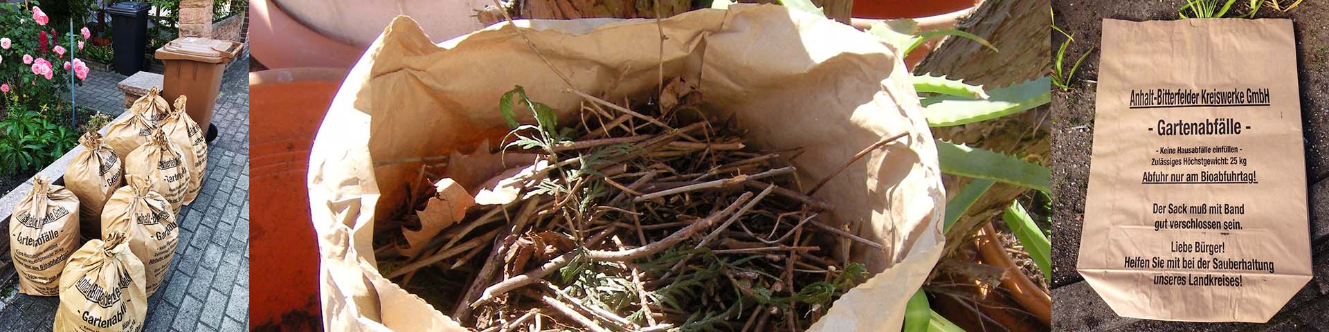 Fotomontage: ABIKW-Gartenabfallsäcke stehen bereit, Blick in einen solchen Sack und ein neuer Gartenabfallsack