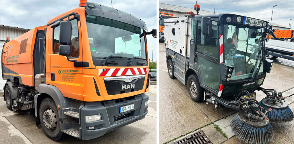 Foto: Zwei Straßen- und Gehwegreinigungsfahrzeuge auf dem ABIKW Betriebshof Wolfen