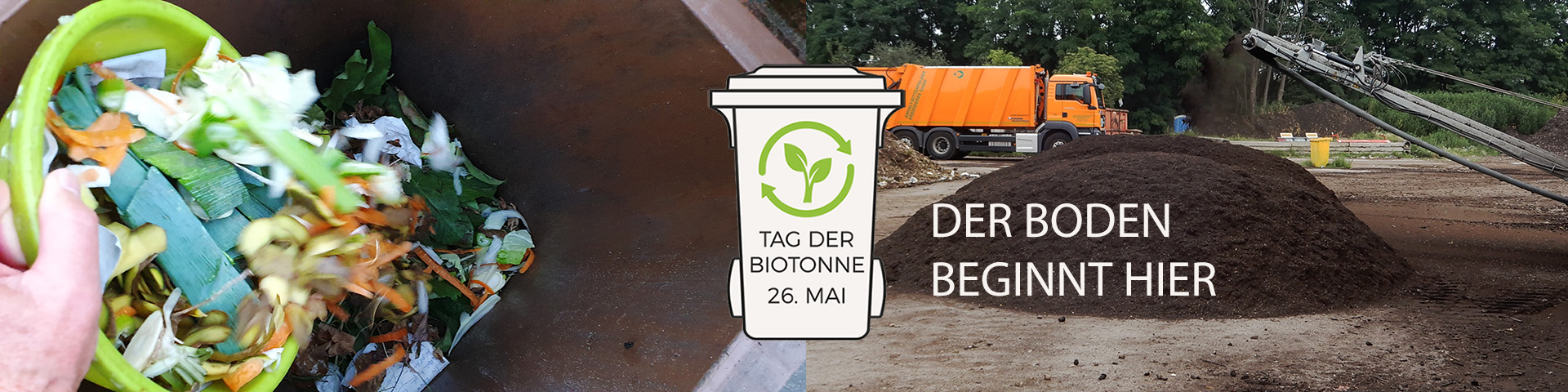 Fotokollage: Bioabfälle und Kompost, darüber das Loge des Tages der Biotonne