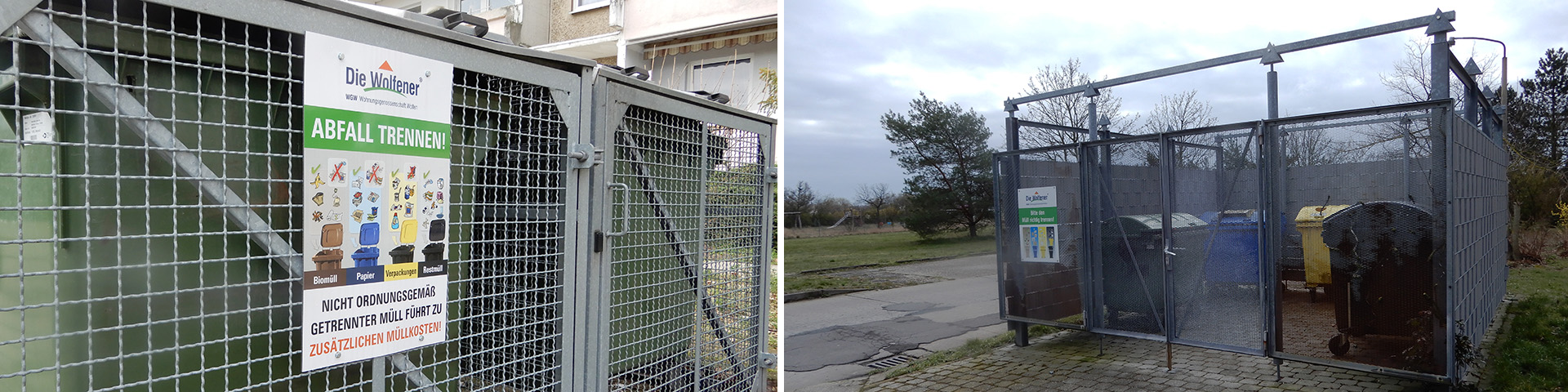Fotocollage: Müllstandsflächen mit Hinweisschild auf die Getrenntsammlung